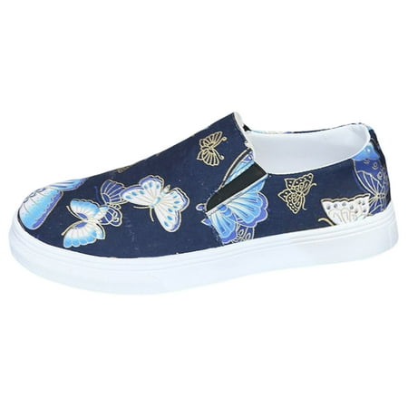 QYZEU Leather Sneakers Women Womens Sandal Spring Butterfly Print Large Size Round Toe Slip Comfortable Slip On Casual Shoes Shoe Walking Lightweight Shoes Blue 42
