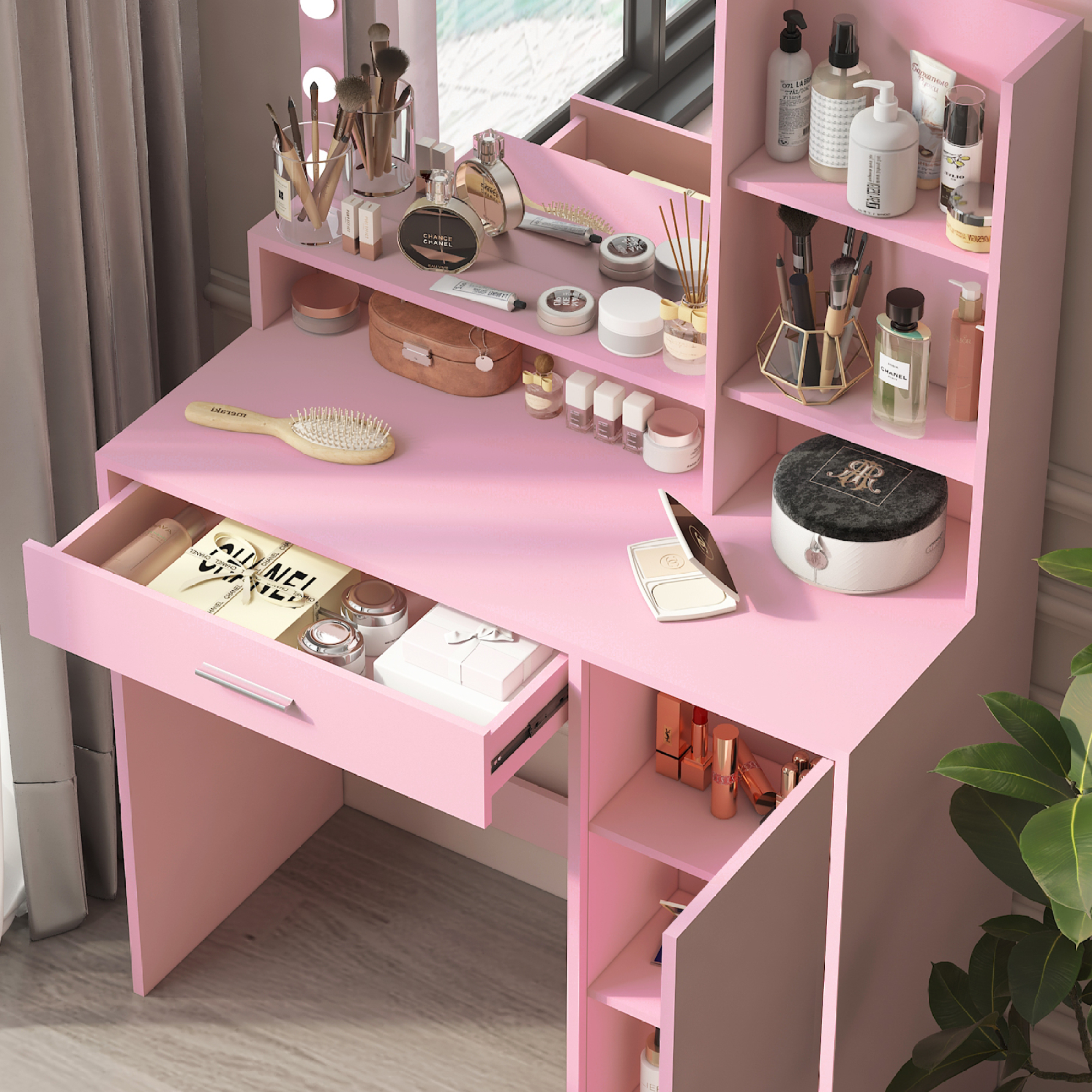 Makeup Vanity Desk with Mirror & Light,Large 3 Drawer Storage Dressing Table with 3 Color Lighting Modes for Bedroom,Pink
