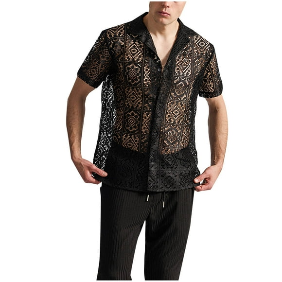 Mens Shirts Sale Clearance! Mens Floral Lace Shirt See Through Casual Button Down Shirts