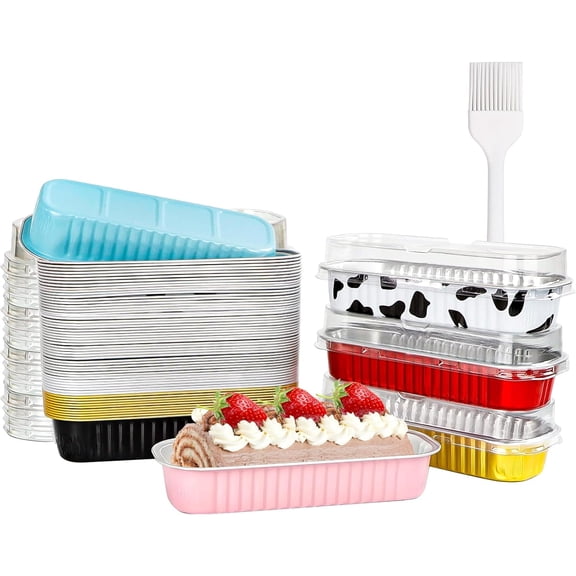 TEXIJUSO 60 Pack Mini Cake Pans with Lids, 6.8oz Aluminum Foil Rectangle Small Loaf Pans with Oil Brush for Home Party Picnics, Disposable Baking Cups Muffin Tins Holders for Baking Heating Roasting