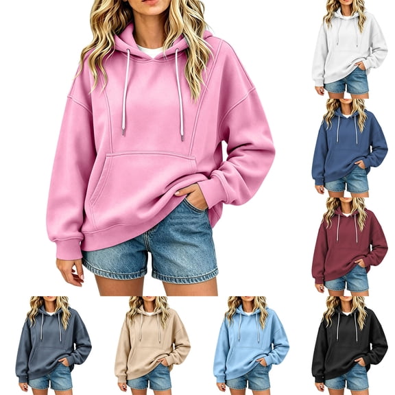 Tqcoqu Women's Drawstring Hooded Sweatshirt, Oversized Drop Shoulder Pullover With Kangaroo Pocket Ribbed Cuffs Soft Brushed Knit Casual Hoodie