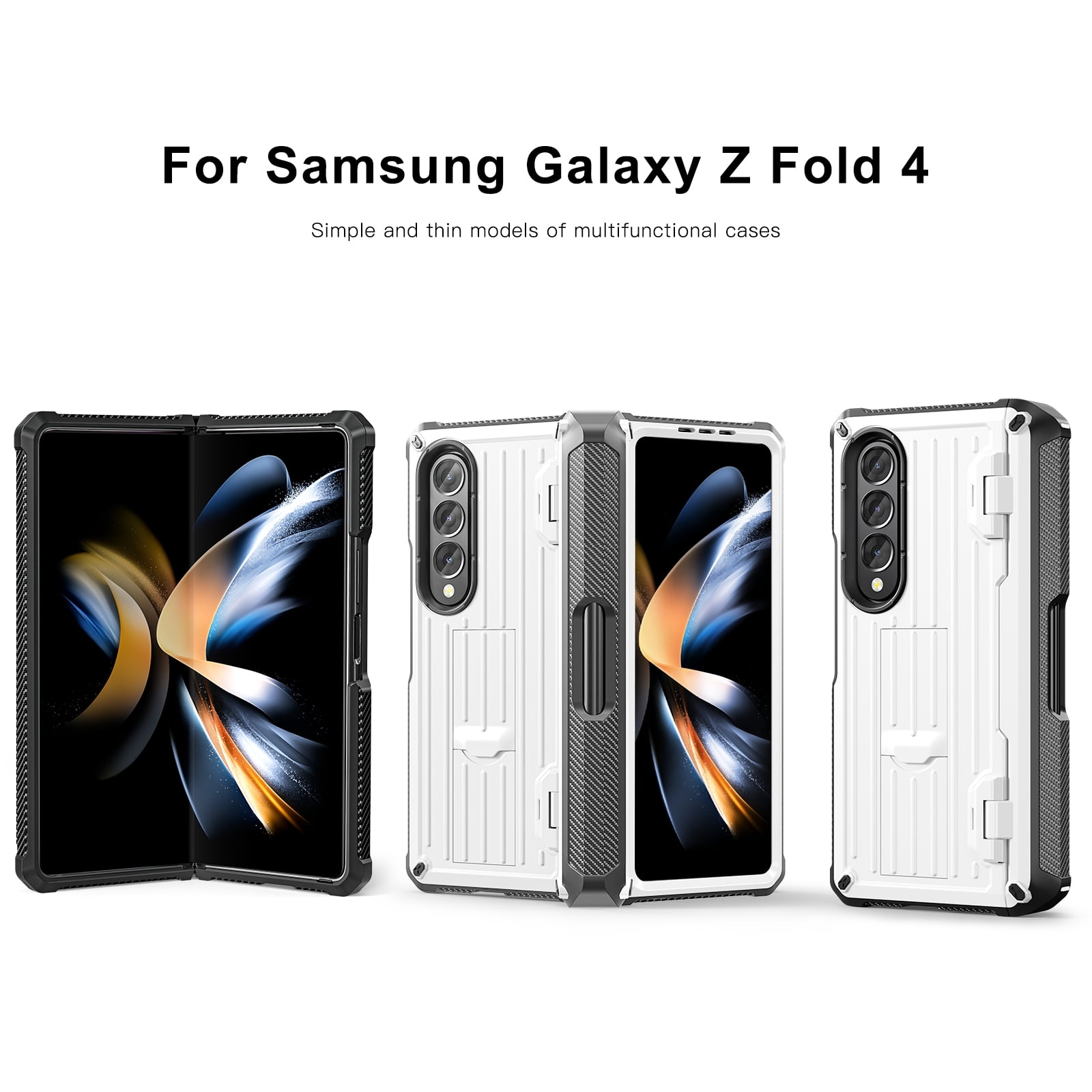 TECH CIRC Case for Samsung Galaxy Z Fold 4 Compatible with MagSafe, Heavy Duty Rugged PC Shockproof Hinge Protection Cover with Hidden Bracket Screen Protector S Pen Holder Galaxy Z Fold 4 Case,White