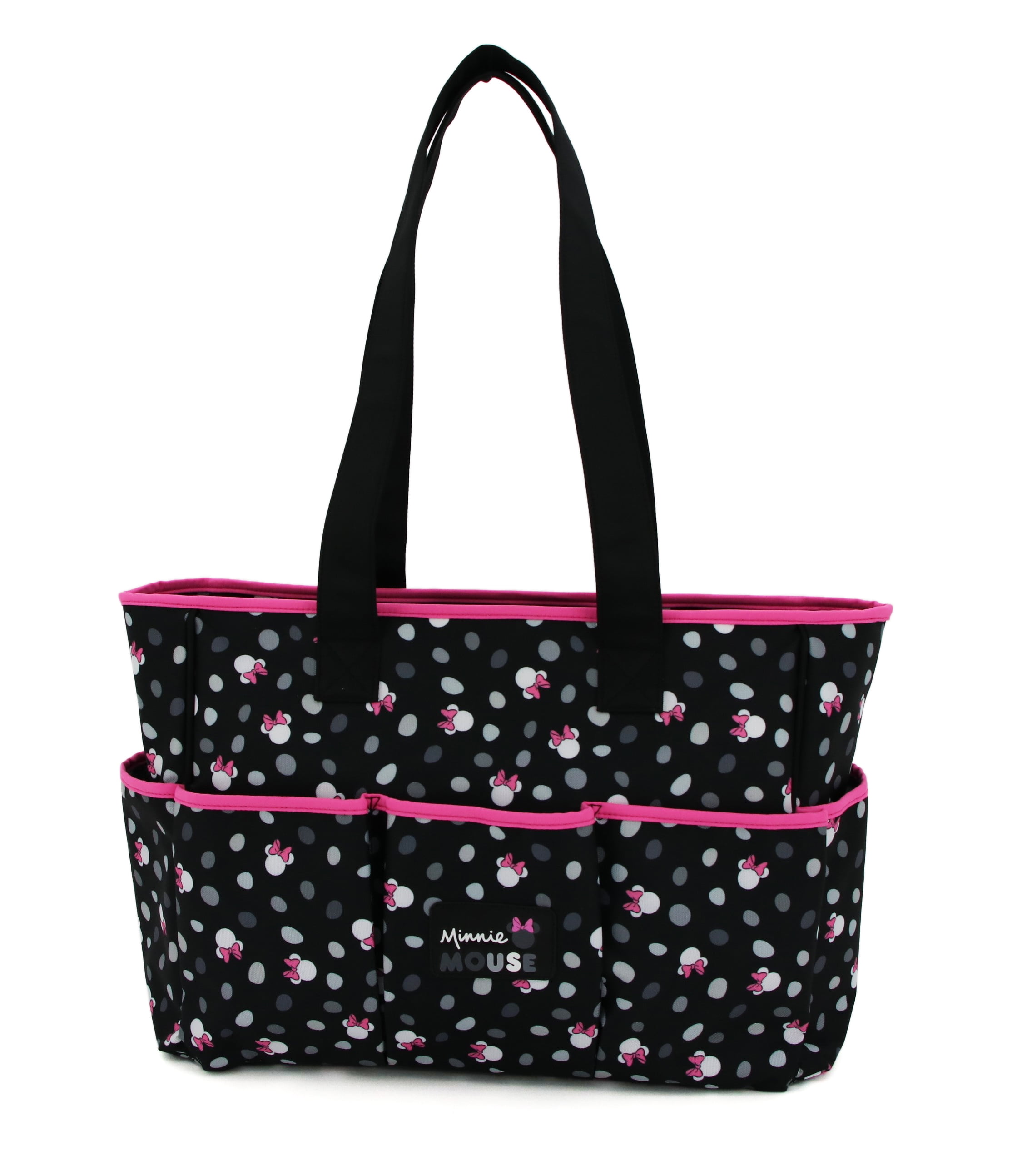 Disney Minnie Mouse Multi Piece Diaper Bag set with Minnie Mouse Toss Heads Print (includes changing pad, insulated bottle holder and pacifier holder