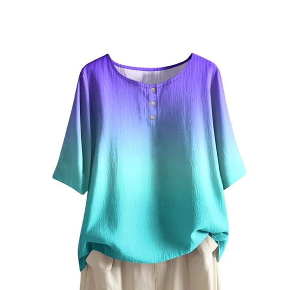 GEWSEY Womens Summer Tops Elbow Sleeve Tops Women Button Down T Shirts Scoop Neck Striped Floral Blouses Dressy Casual (Light Blue, XXL)