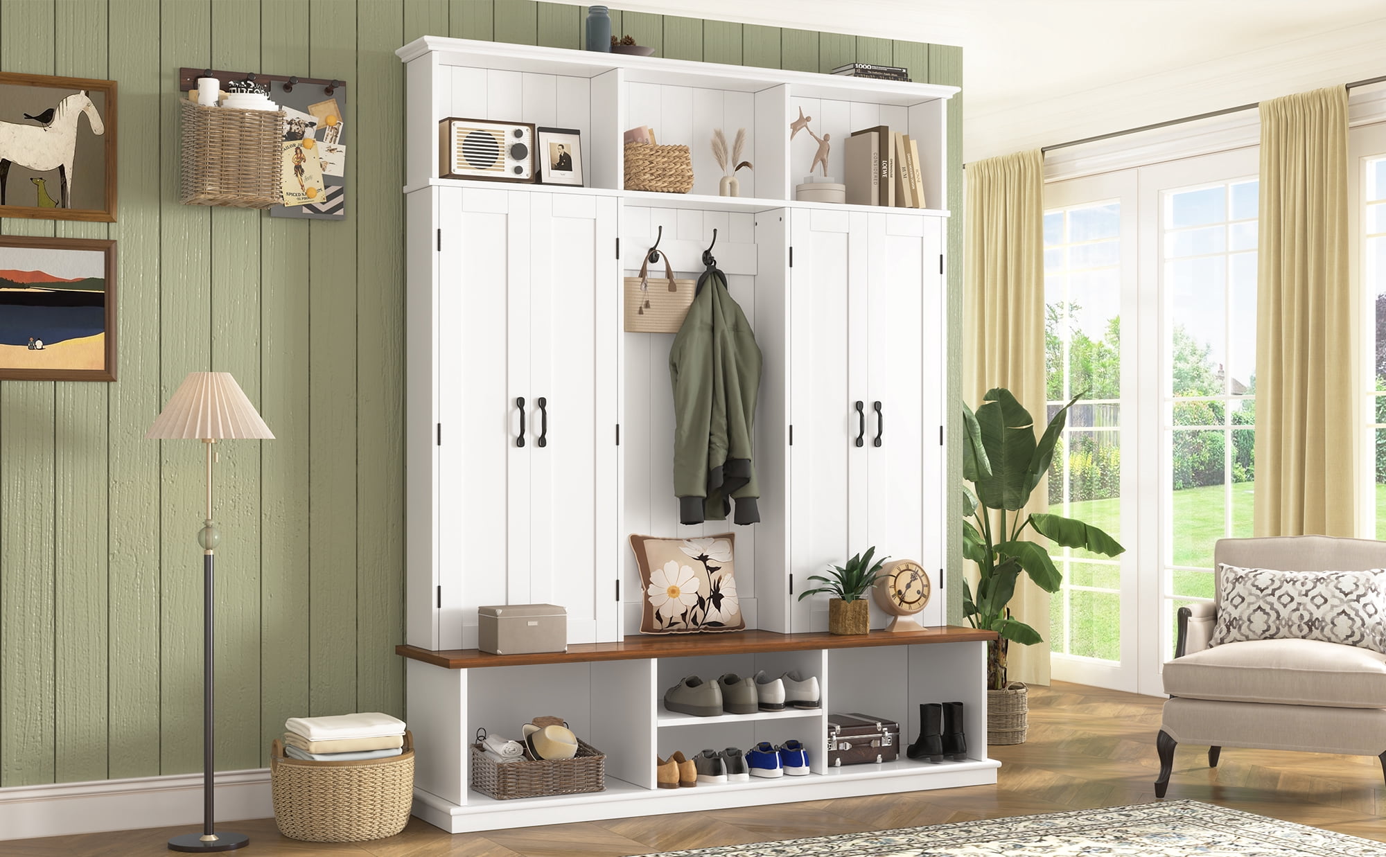 Mintazer 62.2"W Entryway Hall Tree with Coat Rack, Storage Bench & 3 Top Cubbies, Freestanding Shoe Cabinets for Hallway, Mudroom, Bedroom, White