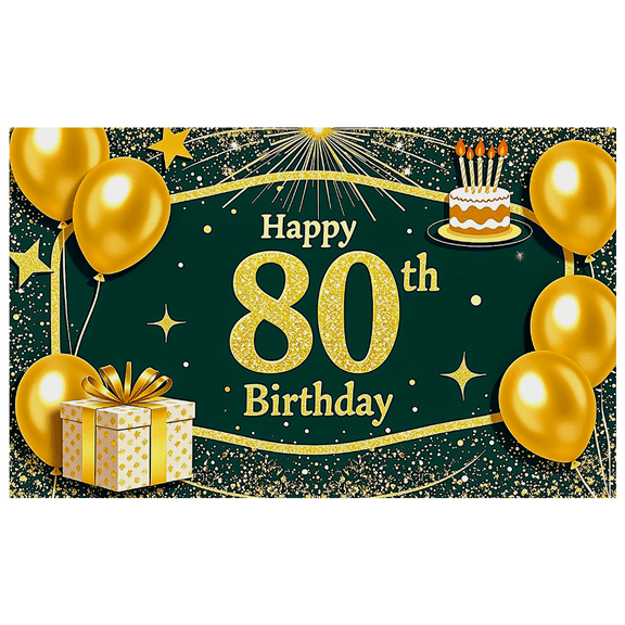 Green Glittery 80th Birthday Banner with Gold Balloons Cake and Gift Background Decoration for Birthday Party Photography Props Celebrations