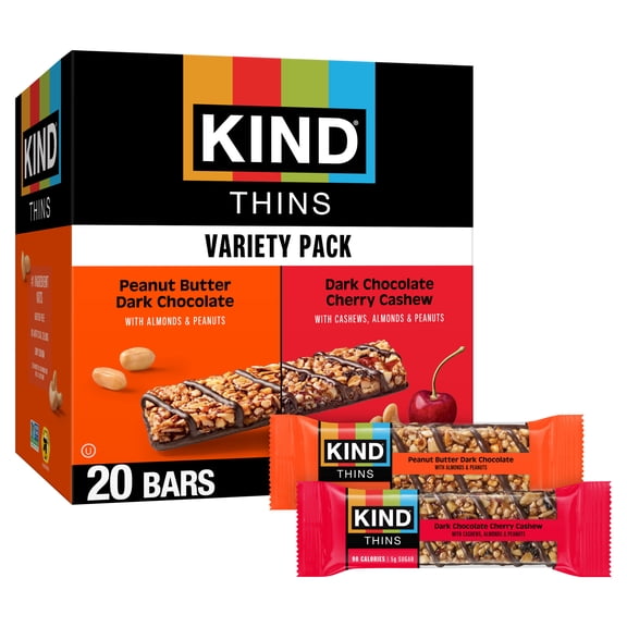 KIND Thins Bars Variety Pack, Peanut Butter Dark Chocolate & Dark Chocolate Cherry Cashew, 20 Count