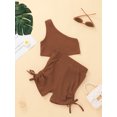 thumbnail image 2 of goowrom Toddler Kid Girl Casual Outfits Sets, Solid Color Oblique Shoulder Crop Tops with Elastic Waist Side Ruched Drawstring Shorts, 2 of 9