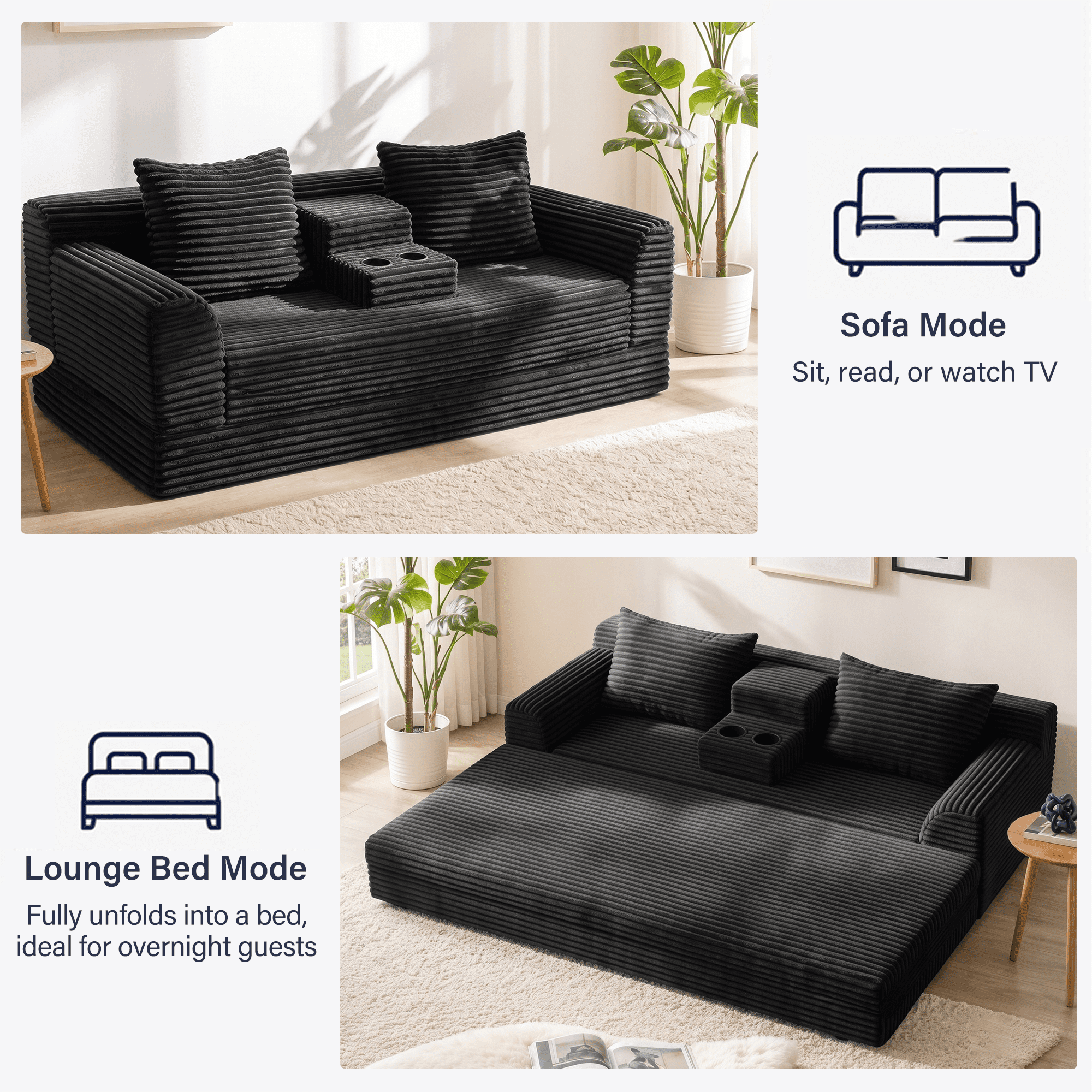 Leumius Futon Sofa Bed,Folding Boneless Couch with Cup Holders，Chenille Pull Out Sofa Bed with 2 Pillows or Living Room & Bedroom,Black