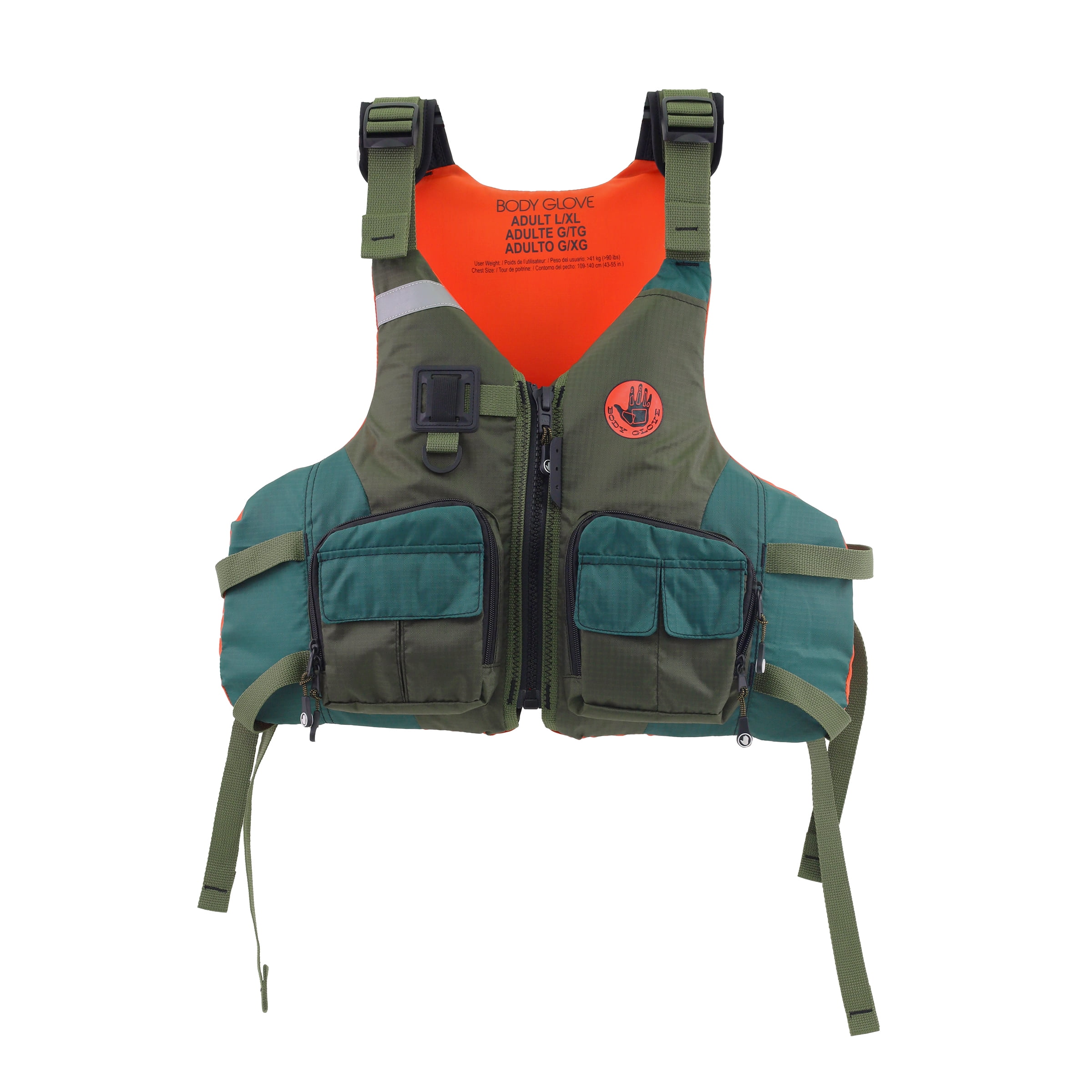 Body Glove Deluxe L-XL Green Fishing Vest - Front Zip