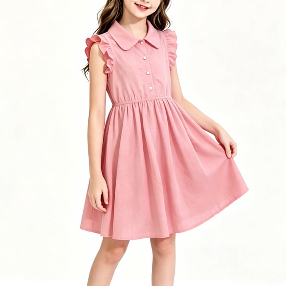 NAISIBABY Girls Summer Dress, Ruffles Sleeveless Lapel Flare Fit Cute A-Line Casual Dress Pink Size 14