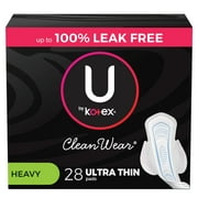 U by Kotex CleanWear Ultra Thin Feminine Pads with Wings, Heavy, 28 Count