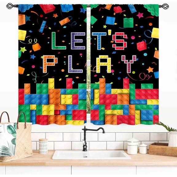 Kids Boys Curtains for Bedroom, Colorful Building Blocks Toys Plastic Brick Toy Pattern Abstract Contour Printed Blackout Drapes for Boys Room Living Room Nursery Party Decor 2 Panels, 27.5x36 Inch