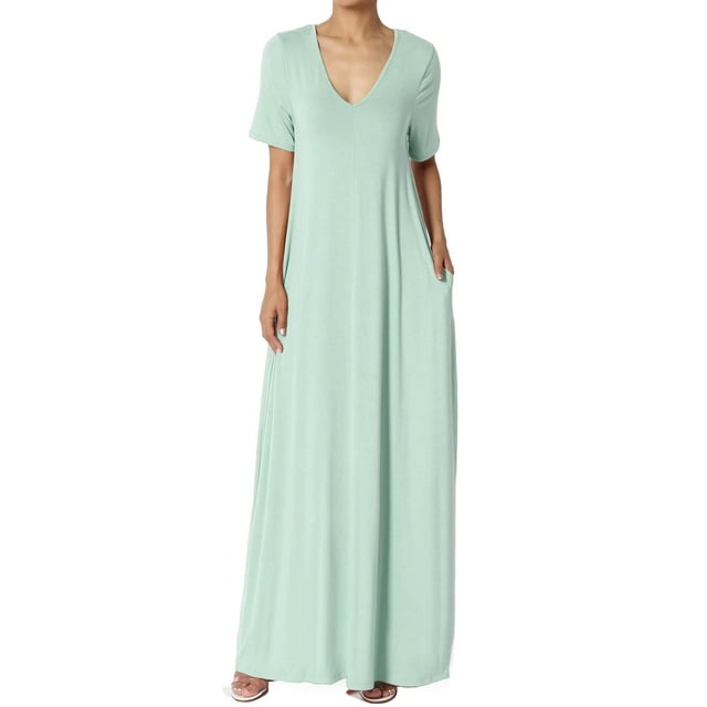 TheMogan Robe Maxi Surdimensionnée en Jersey Doux pour Femmes, Col en V, Manches Courtes avec Poche