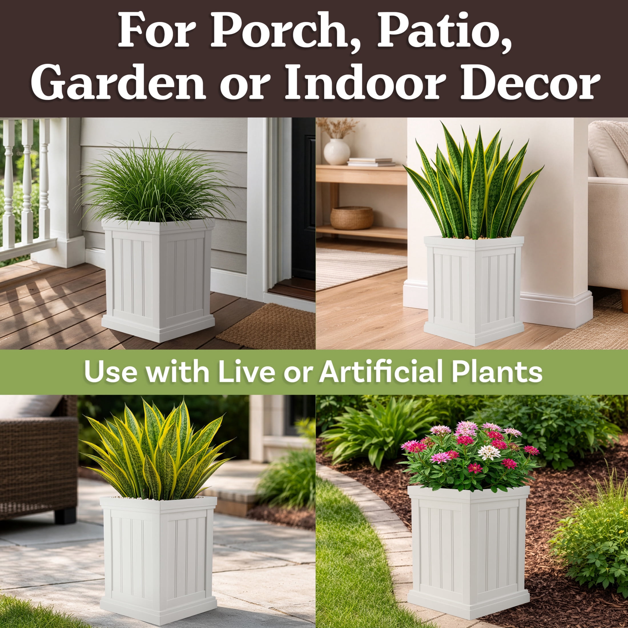Pure Garden Outdoor Planter Box - 13.7” Square 19” Tall Plastic Plant Pot with Drainage Holes, White