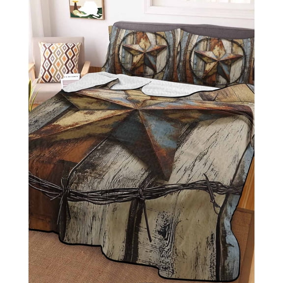Vintage Farmhouse Twin Size Down Alternative Comforter, Lightweight Comforter Quilt Bedding Set with Pillow Shams Country Western Texas Star Wood Grain All Seasons Bed Comforter Duvet Insert 68"x86"