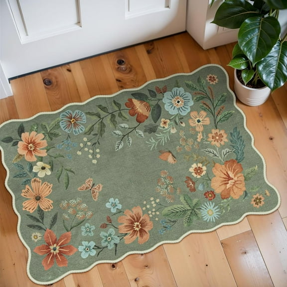 Moynesa 2'x3' Floral Rugs for Entryway, 2x3ft Washable Kitchen Rugs Ultra-Thin Soft Rug, Non Slip Indoor Door Mat Stain Resistant Boho Small Rug Low-Pile Throw Rug for Bathroom Bedroom,Green