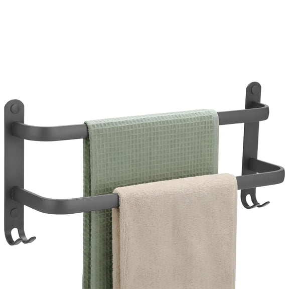 Wall Mounted Towel Rack, Space Aluminum Bathroom Towel Holder with Dual Rods & Hooks, No Drilling Easy to Install Rack for Bathroom Kitchen Laundry Room