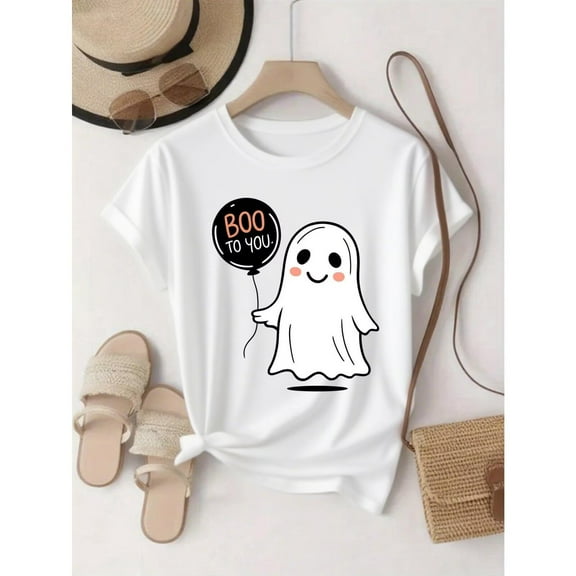 Women’s Cute Halloween Ghost Shirt Boo To You Balloon Graphic Tee S-4XL