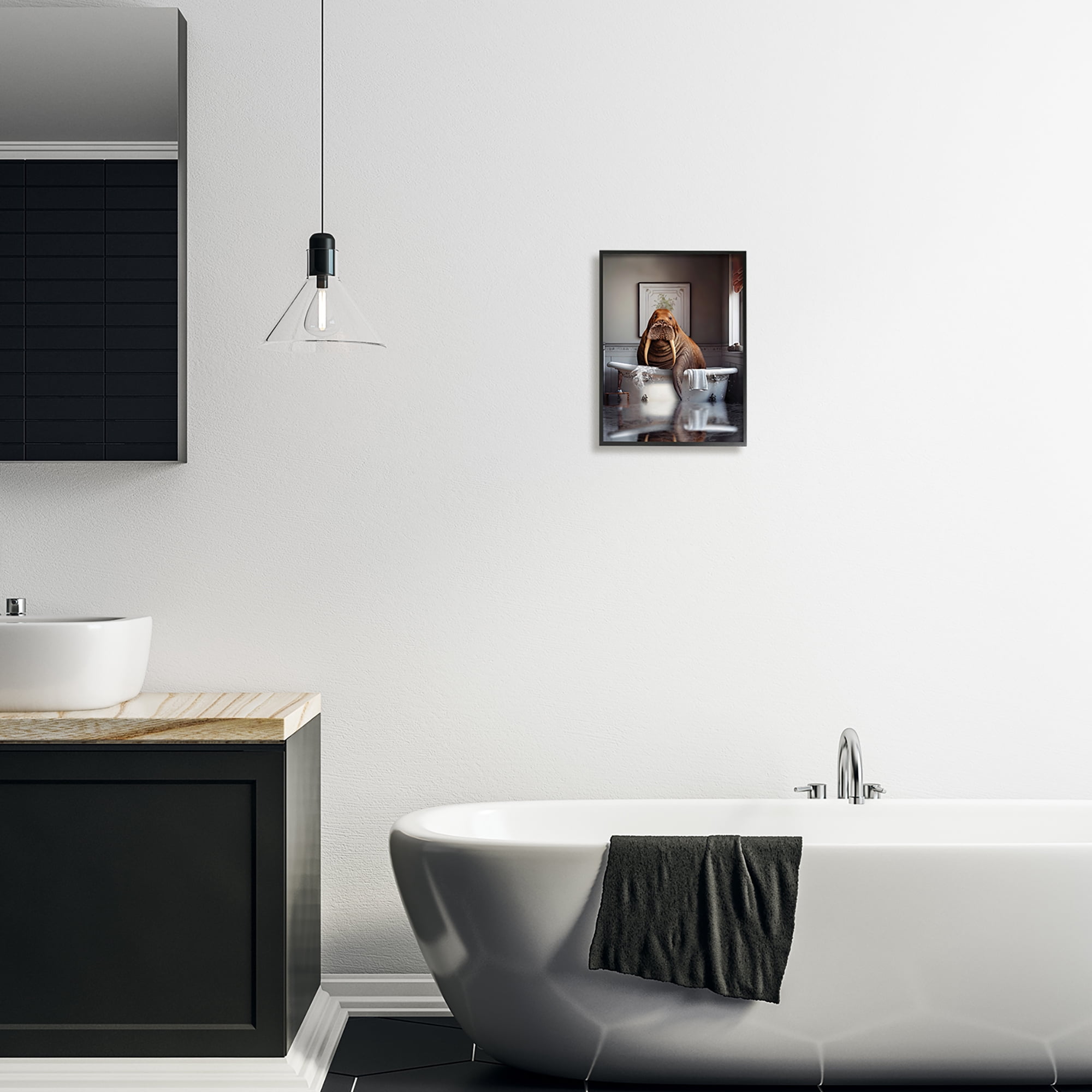 Stupell Industries Walrus in Bathtub Animals & Insects Painting Black Framed Art Print Wall Art, 11 x 14