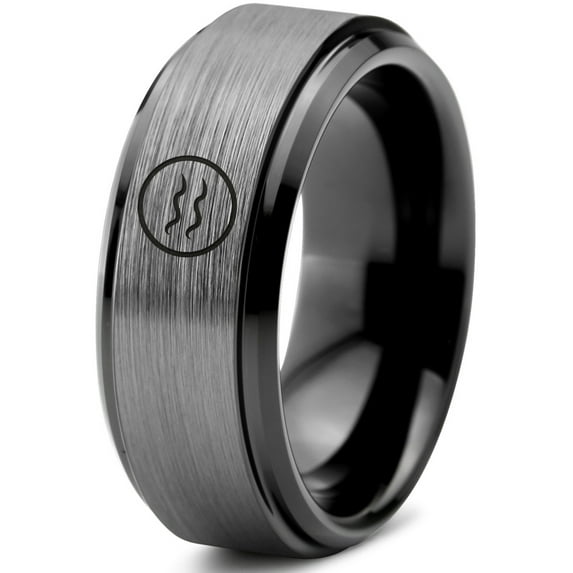 Tungsten Horoscope Aquarius Band Ring 8mm Men Women Comfort Fit Black Step Bevel Edge Brushed Gray Polished