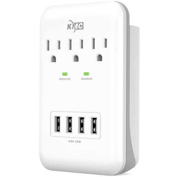 KMC Surge Protector Wall Tap with Shelf, 3-Outlets, 4 USB Ports,  USB Wall Outlet Extender, White