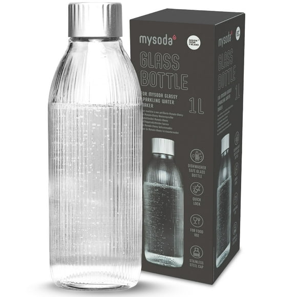 Mysoda Glass Carbonating Bottle 1L Silver - Compatible Only With Mysoda Glassy Sparkling Water Maker - Quick-Lock Reusable Bottle - Lid and Base Made of Aluminium - BPA Free