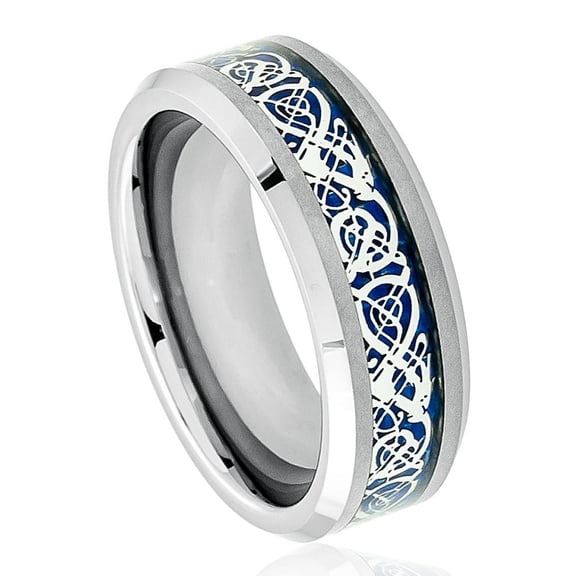 8mm Tungsten Carbide Celtic Knot Dragon over Blue Carbon Fiber Inlay Wedding Band Ring For Men Or Ladies