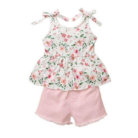 

Infant Baby Girls Clothes 4Y Toddler Girls Summer Short Outfit Sets 5Y Sling Floral Tops Elastic Shorts 2PCS Set Pink