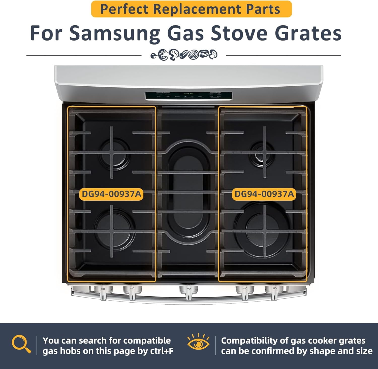 DG94-00937A Cast Iron Gas Stove Grate Replacement for Samsung Gas Stove top Support Parts NX58H9500WS NX58H5600SS NX58R5601SS Samsung Gas Range Surface Burner Grates Replacement Parts DG94-00468A