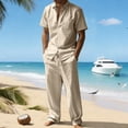thumbnail image 2 of LNZGNM Mens 2 Piece Cotton Linen Outfits Short Sleeve Button Down Breathable Shirts Loose Pants with Pockets Stylish Vacation Outfits,Khaki S, 2 of 5