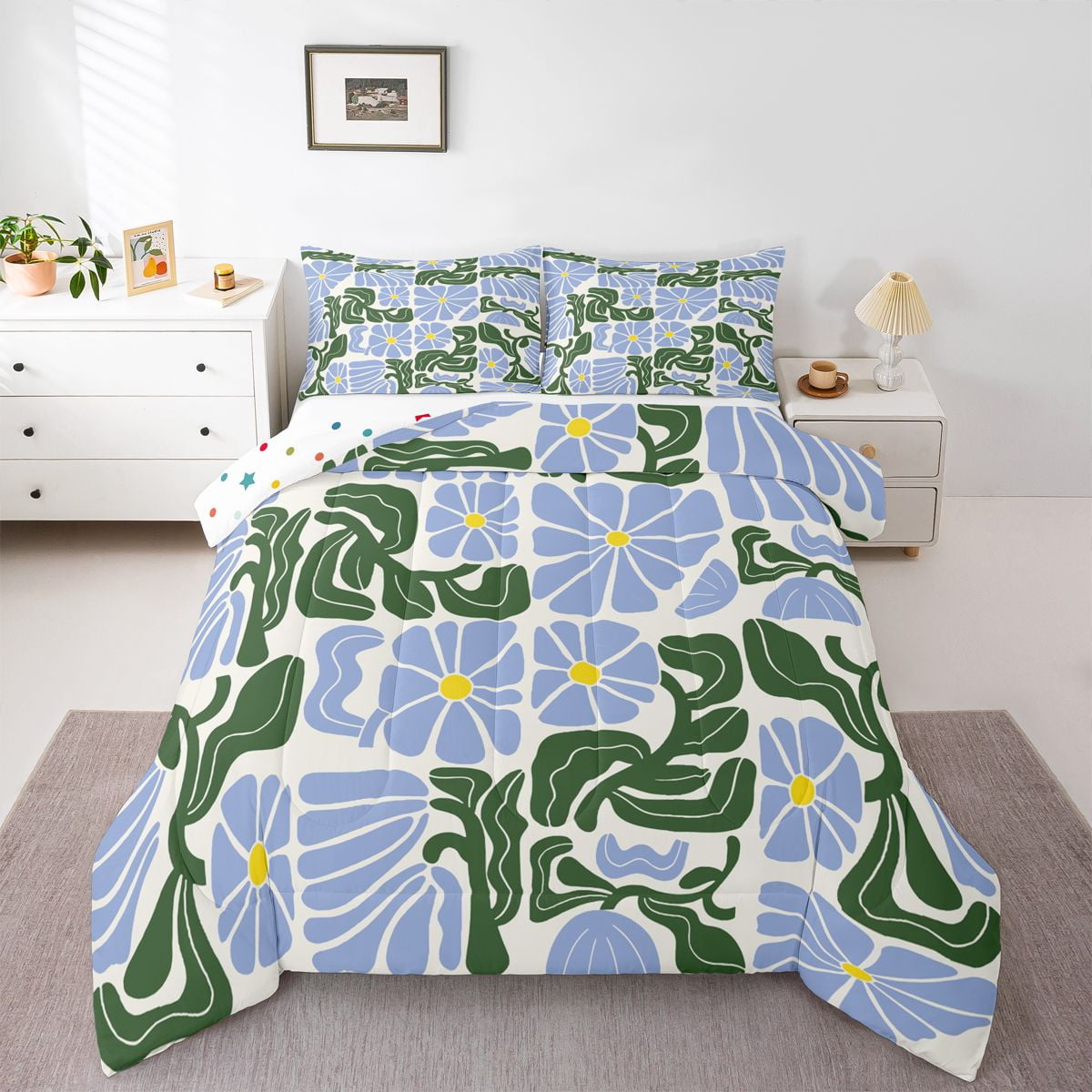 Homewish Boho Daisy Floral Queen Comforter Set Abstract Artwork Comforter Sets Queen Blue Green Polkadot Reversible 3pcs 1 Comforter and 2 Pillowcases