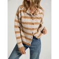 thumbnail image 6 of Women Waist Cinched Long Sleeve Stripe Knitted Cardigan Khaki S, 6 of 10