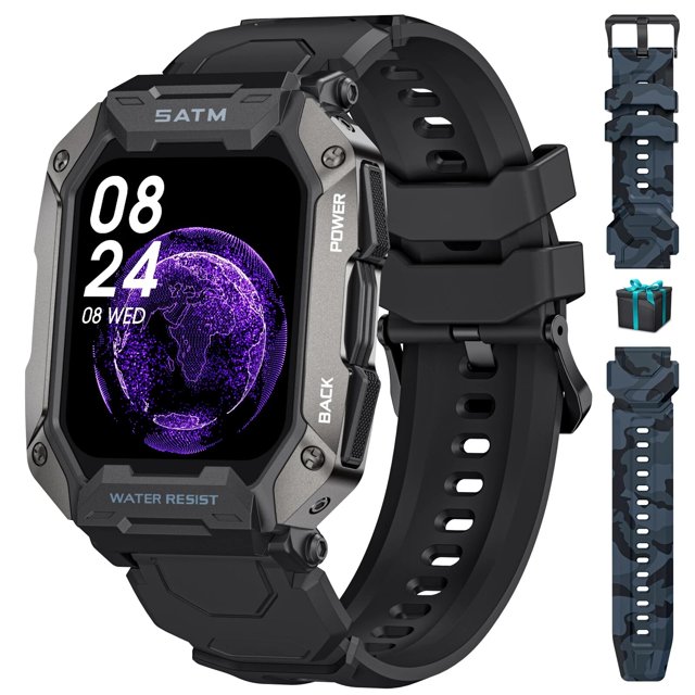 smartwatch lige smartwatch bluetooth relojes 5atm impermeable negro 2 reloj inteligente LIGE negro con pantalla táctil completa de 1.71 pulg. (280×320), carcasa angular y correa de silicona negra; botones laterales 'POWER' y 'BACK', marcas '5ATM' y 'WATER RESIST', carga magnética y esfera digital morada; correas adicionales camuflaje incluidas; monitor de presión arterial integrado y seguimiento de actividad, Bluetooth 5.0 compatible con iOS 9+ y Android 6+.