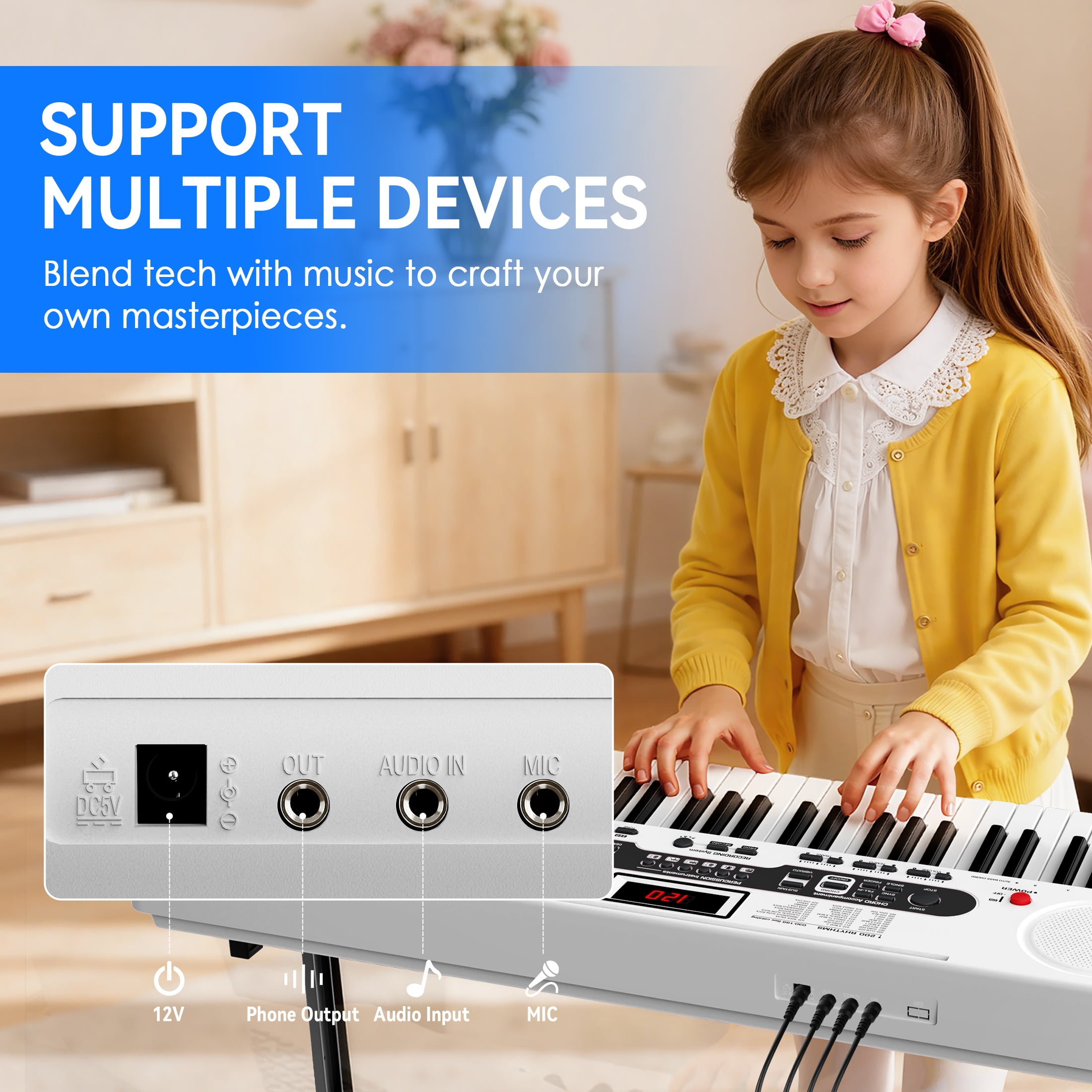Fenbeli 61-Key Piano Keyboard with Lighted Keys, Stand, Bench