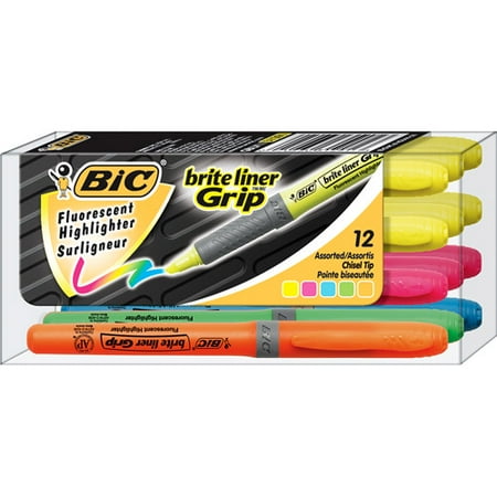 BIC Brite Liner Grip Highlighter, Chisel Tip, Assorted Colors, 1-Dozen
