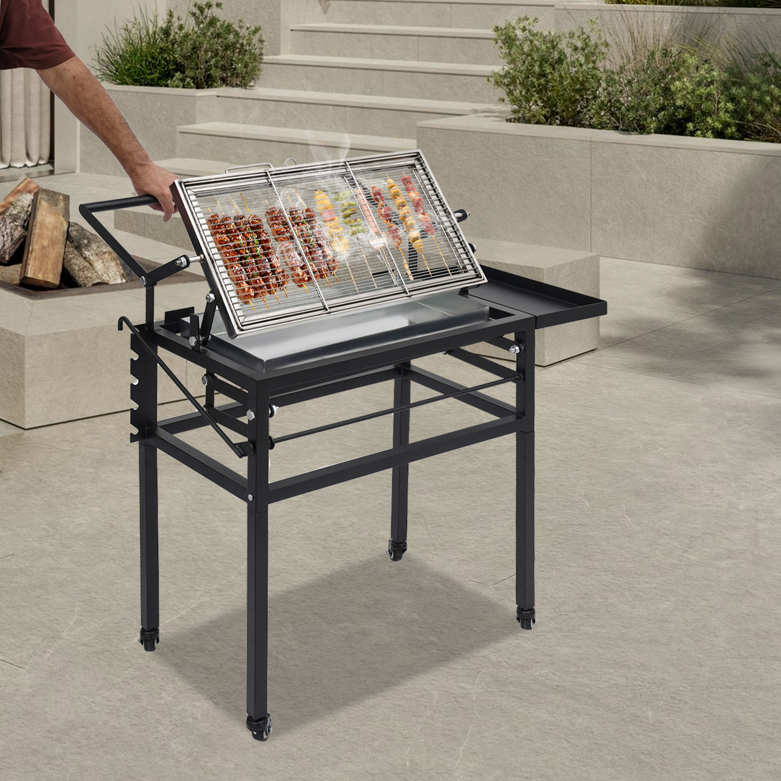 Camping Charcoal Grill, Foldable Legs & Brake Wheels, 5-Height Temperature Control, 360° Safe Flipping Basket, Perfect for Picnics/Tailgating