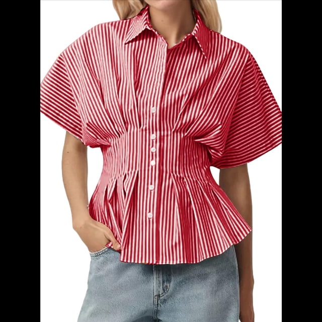 Camisas A Rayas con Botones para Mujer, Blusa Plisada de Corta con Corsé, Informal, de Verano. Rayas Rojas M