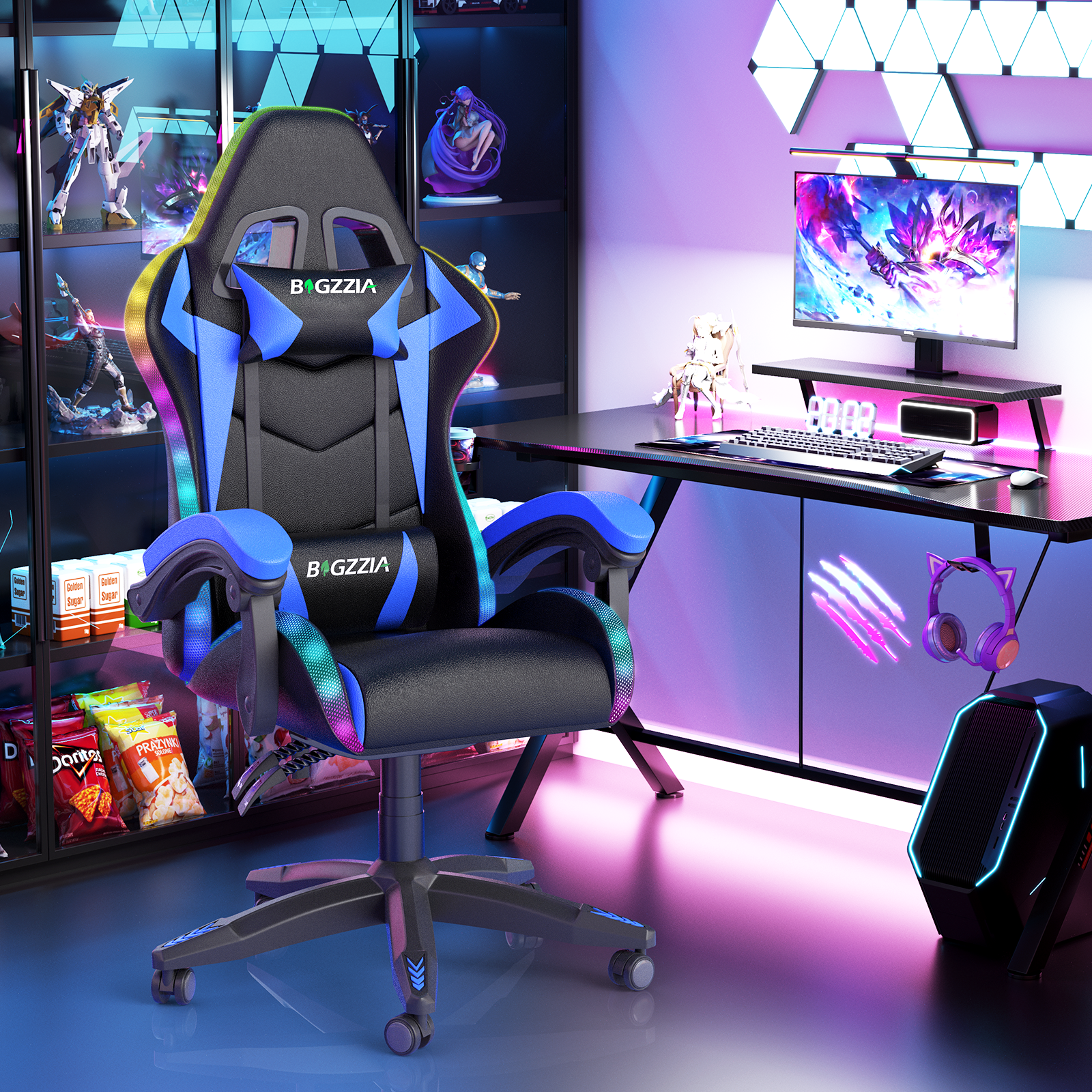 Bigzzia Gaming Chair with LED Lights Ergonomic Office Chair for Adults and Kids - Adjustable Height, 360° Swivel, Headrest Support, Mesh PU Leather, Black & Blue