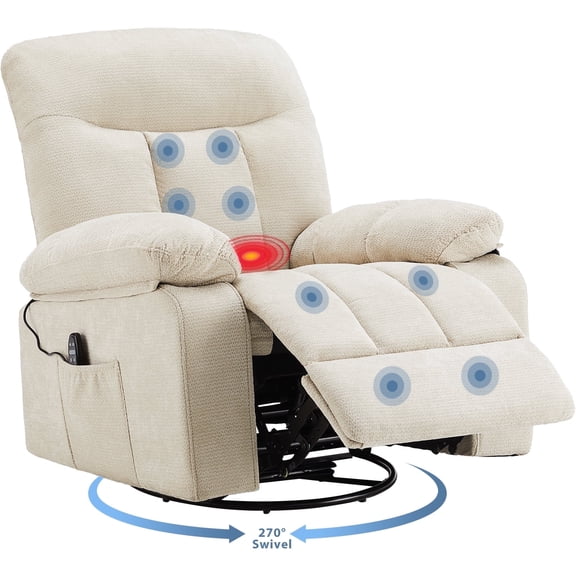 Sweetcrispy Swivel Rocker Recliner Chair with Massage and Heat, Adjustable Recline, Chenille Fabric, Beige