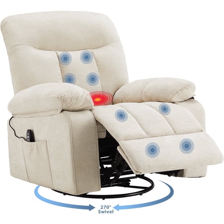 Sweetcrispy Swivel Rocker Recliner Chair with Massage and Heat, Adjustable Recline, Chenille Fabric, Beige