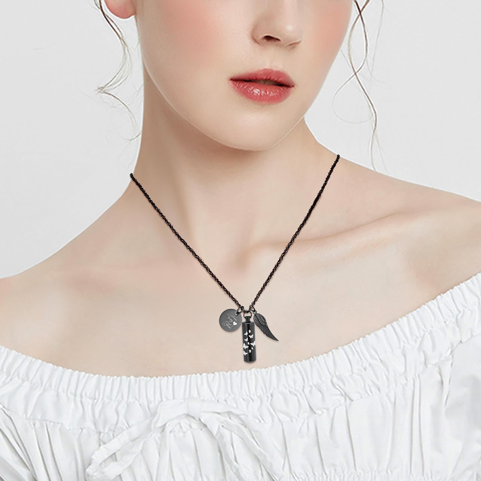 Personalize Cylinder Urn Ashes Necklace for Women Men Butterfly Cremation Jewelry Ash Loved One Memorial Angel Wing Pendant