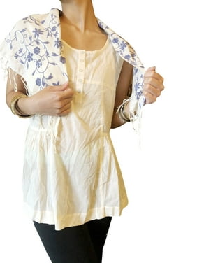 Mogul Women Boho Top, Beige Solid Blouse ,With Blue Embroidered Scarf ,Gypsy Chic Bohemian Summer Cotton Tops ML