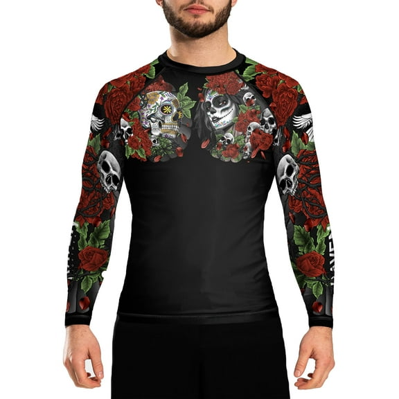 Raven Fightwear Men's Calaveras y Rosas Rash Guard BJJ MMA Black