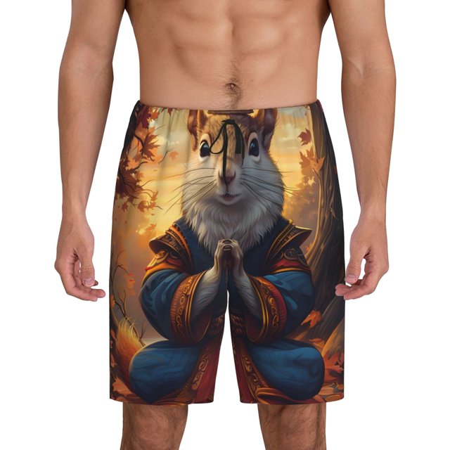 Balery Maple Leaf Meditating Squirrel Pantalones cortos de pijama de punto de algodón para hombre con cinturilla y bolsillos-3X-Large