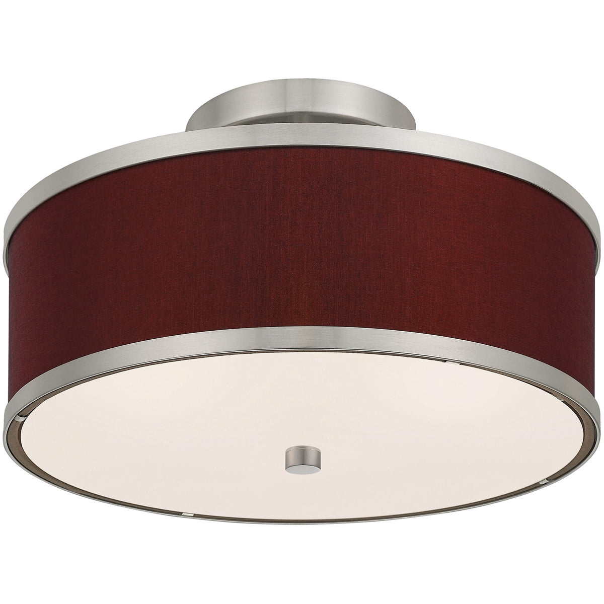 2 Light Brushed Nickel Ceiling Light fixture with Hand Crafted Red Wine Fabric Hardback Shade