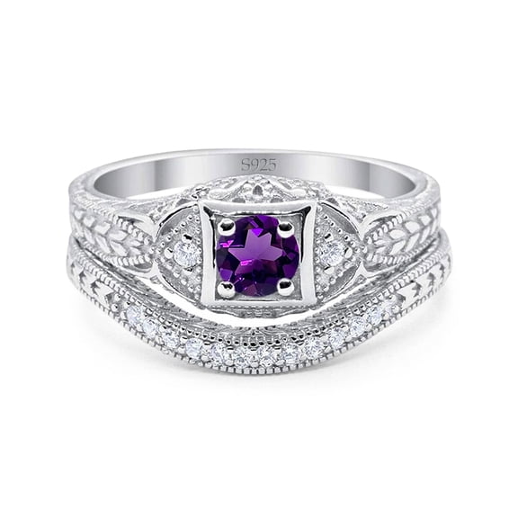 Natural Amethyst Size-5 Two Piece Round Vintage Style Leaf Filigree Design Wedding Set Engagement Bridal Ring 925 Sterling Silver Gifts For Her