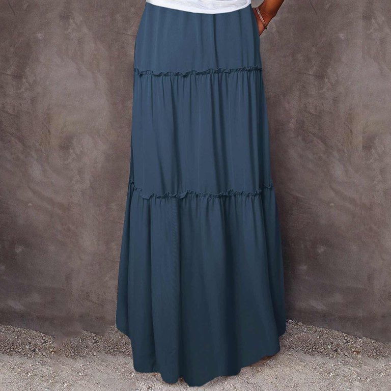 Ruffle Tiered Maxi Skirt Womens Elastic Tie Waist A Line