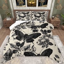 jejeloiu Gothic Moth Skull Bedding Comforter Set,Vintage Flower Floral Twin Comforter Sets,Black Beige Bedding Set For Super Cozy Room Decor Reversible,2 Pieces