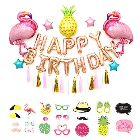 Flamingo and Pineapple Party Supplies - Pack of 55, Flamingo Balloons/Pineapple Balloons/Happy Birthday Set/Tassel Banner/Pentagram Balloon/Flamingo Photo Booth Props, Hawaiian Decorations